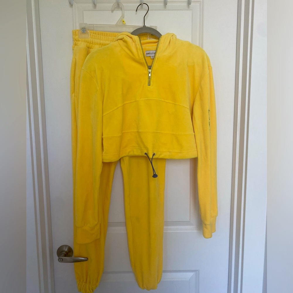 DANIELLE GUIZIO yellow velvet tracksuit w/ blue embroidered logo and detail